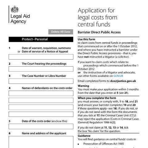 Document preview: Apply for costs from central funds: Direct Public Access: magistrates’ court (form 5913) — Legal Aid Agency, United Kingdom