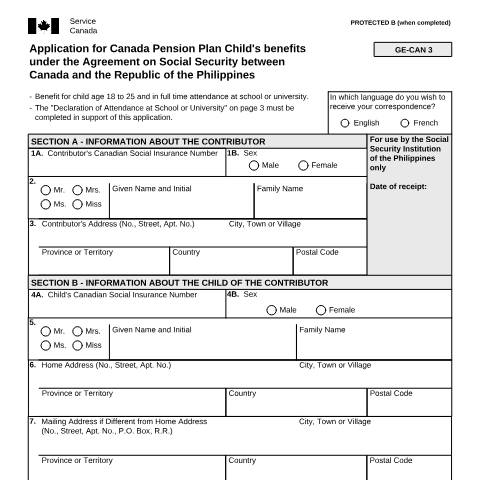 Document preview: Philippines/Canada Agreement - Application for CPP Child's Benefits — Income Security Programs, Canada (CERFA n°ISP5055-PHI)