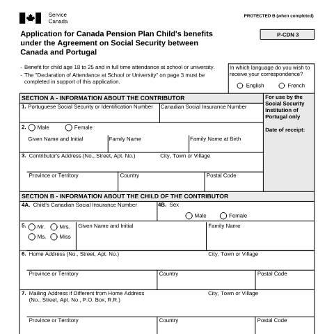 Document preview: Portugal/Canada Agreement - Application for CPP Child's Benefits — Income Security Programs, Canada (CERFA n°ISP5055-PRT)