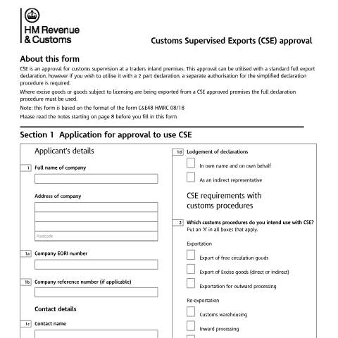 Document preview: Apply for Customs Supervised Exports Approval (C&E 48 CSE) — HM Revenue & Customs, United Kingdom