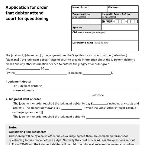 Document preview: Form N316: Apply for an order for a debtor to attend court — HM Courts & Tribunals Service, United Kingdom