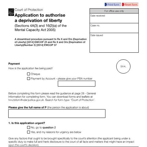 Document preview: Apply to authorise a deprivation of liberty: Form COPDOL11 — HM Courts & Tribunals Service, United Kingdom