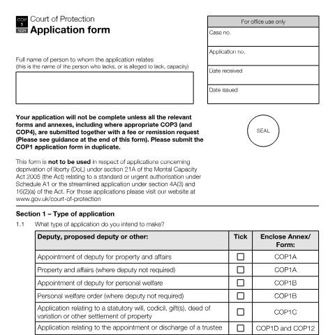 Document preview: Apply to make decisions on someone's behalf as a deputy: Form COP1 — HM Courts & Tribunals Service, United Kingdom