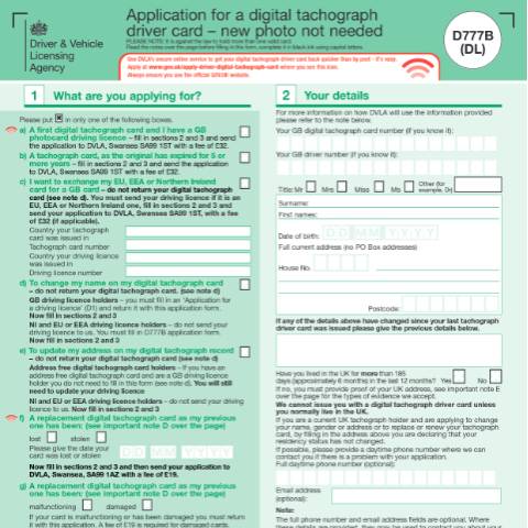 Document preview: Apply for a digital tachograph driver card (D777B(DL)) — Driver and Vehicle Licensing Agency, United Kingdom