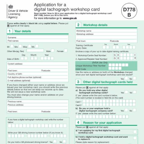 Document preview: Apply for a digital tachograph workshop card (form D778B) — Driver and Vehicle Licensing Agency, United Kingdom