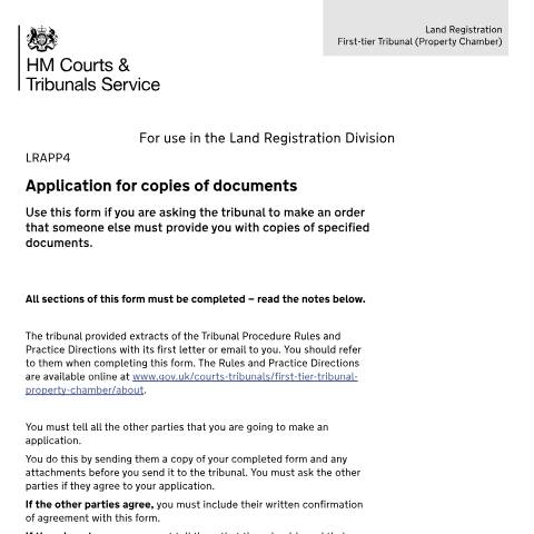 Document preview: Apply for copies of documents: Form LRAPP4 — HM Courts & Tribunals Service, United Kingdom