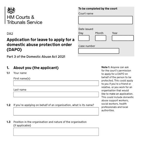 Document preview: Ask for permission to apply for a domestic abuse protection order on behalf of someone else: Form DA2 — HM Courts & Tribunals Service, United Kingdom