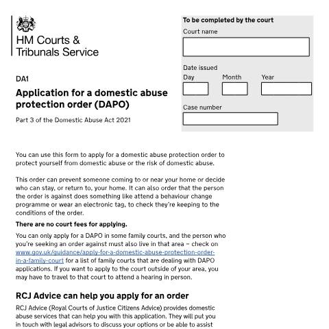 Document preview: Apply for a domestic abuse protection order in a family court: Form DA1 — HM Courts & Tribunals Service, United Kingdom