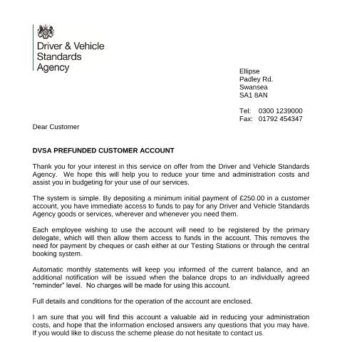 Document preview: Apply for a vehicle testing pre-funded account — Driver and Vehicle Standards Agency, United Kingdom