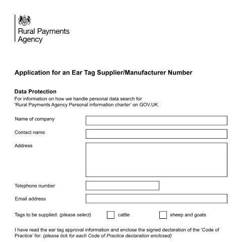Document preview: Apply for an ear tag manufacturer or supplier number — British Cattle Movement Service, United Kingdom