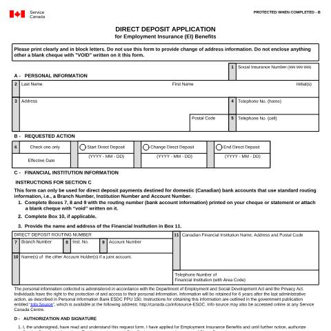 Document preview: Direct Deposit Application for Unemployment/Employment Benefits — Employment Insurance, Canada (CERFA n°INS5178)
