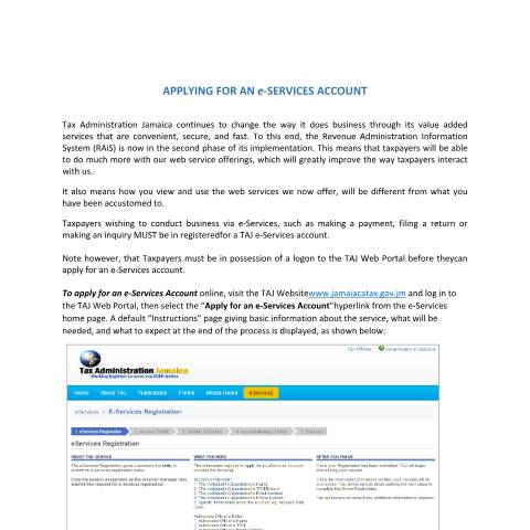 Document preview: Apply for an eServices Account — Document, Jamaica (CERFA n°eServices+-+Apply+for+an+eServices+Account)