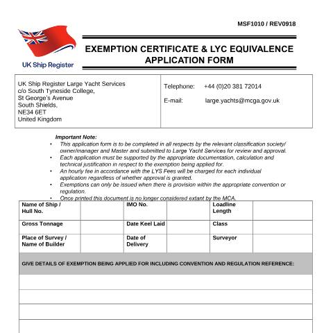 Document preview: How to apply for an exemption certificate and large yacht code equivalence — Maritime and Coastguard Agency, United Kingdom