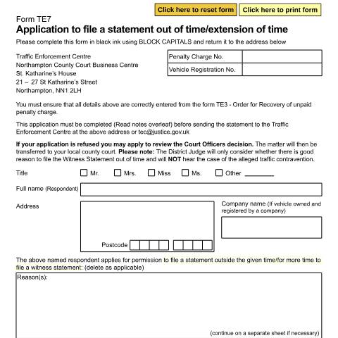 Document preview: Dart Charge, Mersey Gateway, clean air zones - Apply for more time to challenge a traffic enforcement order: Form TE7 — HM Courts & Tribunals Service, United Kingdom