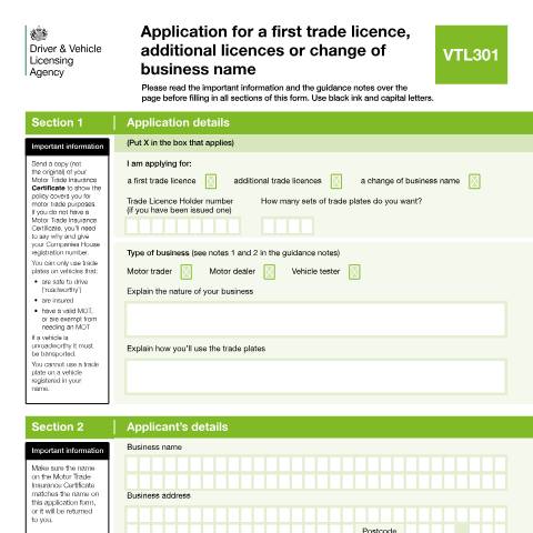 Document preview: Apply for a first trade licence (form VTL301) — Driver and Vehicle Licensing Agency, United Kingdom