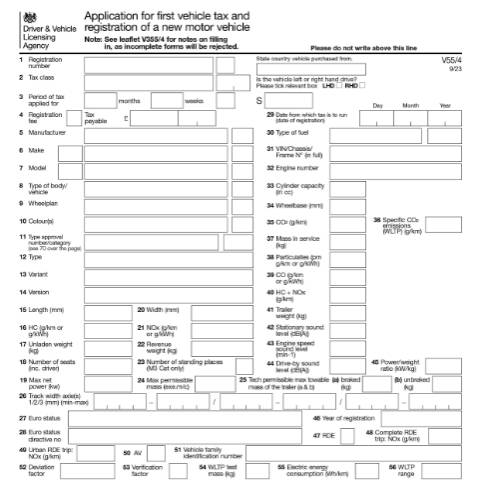 Document preview: Apply for first vehicle tax and registration of a new motor vehicle (V55/4) — Driver and Vehicle Licensing Agency, United Kingdom