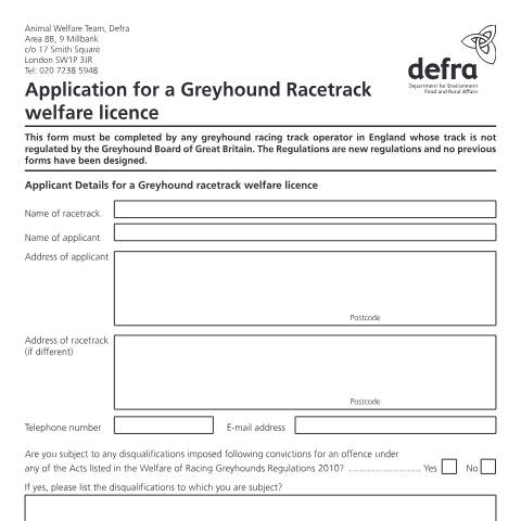 Document preview: Application for a greyhound racetrack welfare licence — Department for Environment, Food & Rural Affairs, United Kingdom