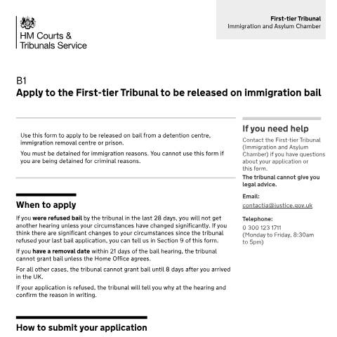 Document preview: Apply to the First-tier Tribunal to be released on immigration bail: Form B1 — HM Courts & Tribunals Service, United Kingdom
