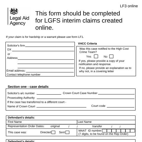 Document preview: LF3: apply for an interim litigator fee claim — Legal Aid Agency, United Kingdom