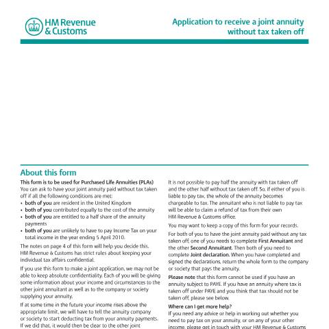 Document preview: Apply to get a joint annuity without Income Tax taken off — HM Revenue & Customs, United Kingdom