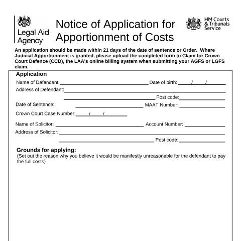 Document preview: Apply for judicial apportionment of costs — Legal Aid Agency, United Kingdom