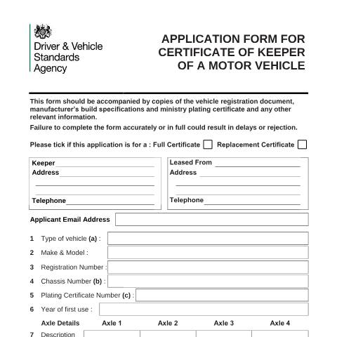 Document preview: Apply for a keeper's certificate for an HGV — Driver and Vehicle Standards Agency, United Kingdom