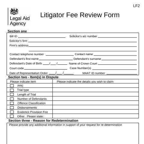 Document preview: LF2: apply for a litigator fee review — Legal Aid Agency, United Kingdom
