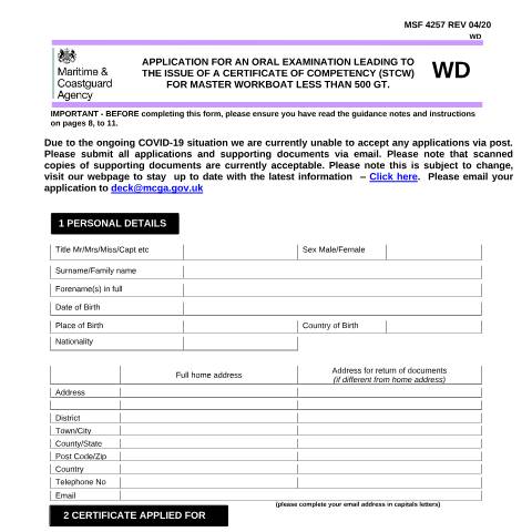 Document preview: How to apply for a master workboat less than 500 GT CoC — Maritime and Coastguard Agency, United Kingdom
