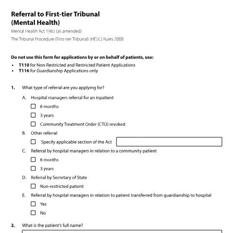 Document preview: Apply to the First-tier Tribunal (Mental Health) for a referral : Form T111 — HM Courts & Tribunals Service, United Kingdom