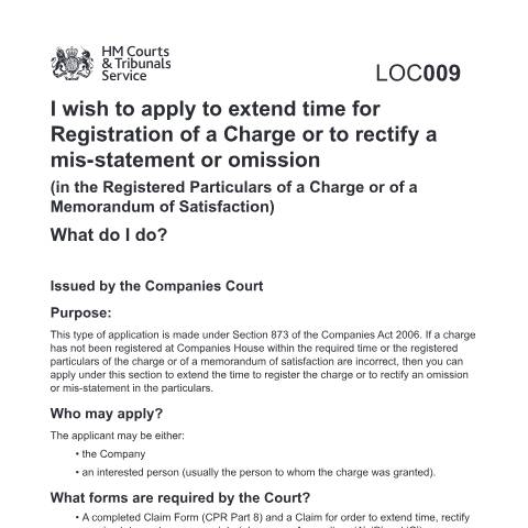 Document preview: Form LOC009: Apply for more time to register security for a loan — HM Courts & Tribunals Service, United Kingdom