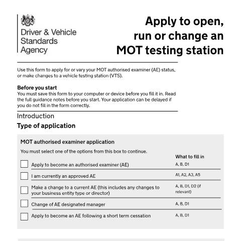 Document preview: Apply to open, run or change an MOT test station — Driver and Vehicle Standards Agency, United Kingdom