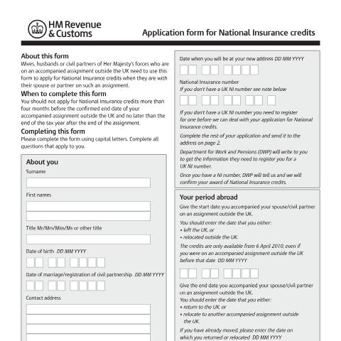 Document preview: Apply for National Insurance credits for an accompanied assignment (MODCA1) — HM Revenue & Customs, United Kingdom