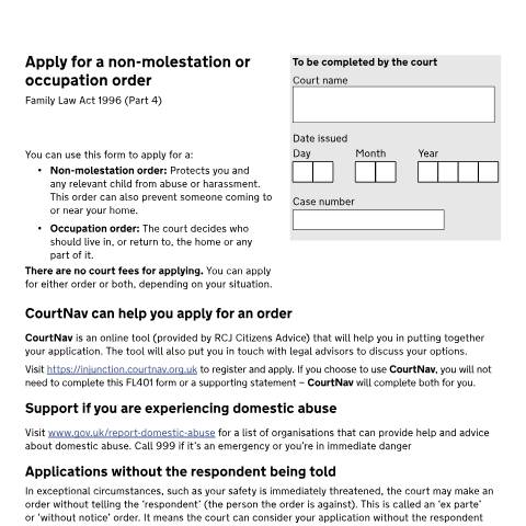 Document preview: Apply for a non-molestation or occupation order: Form FL401 — HM Courts & Tribunals Service, United Kingdom