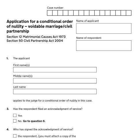 Document preview: Apply for a conditional order to annul your marriage or civil partnership: Forms D84NVA and D84NV — HM Courts & Tribunals Service, United Kingdom