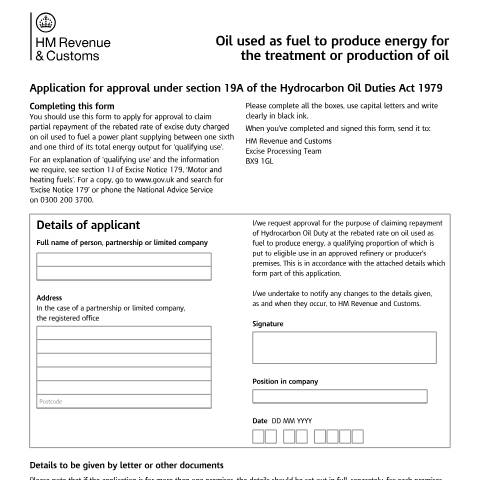 Document preview: Apply for approval to claim for part repayment of excise duty paid on oil used to treat or produce oil — HM Revenue & Customs, United Kingdom