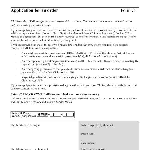 Document preview: Apply for certain orders under the Children Act 1989: Form C1 — HM Courts & Tribunals Service, United Kingdom