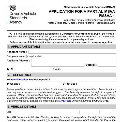 Document preview: Apply for partial Motorcycle Single Vehicle Approval (MSVA) — Driver and Vehicle Standards Agency, United Kingdom