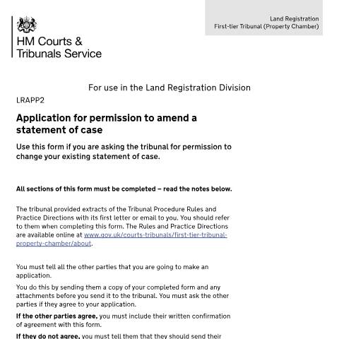 Document preview: Apply for permission to amend a statement of case: Form LRAPP2 — HM Courts & Tribunals Service, United Kingdom