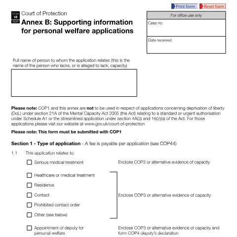 Document preview: Apply to make personal welfare decisions on someone's behalf: Form COP1B — HM Courts & Tribunals Service, United Kingdom