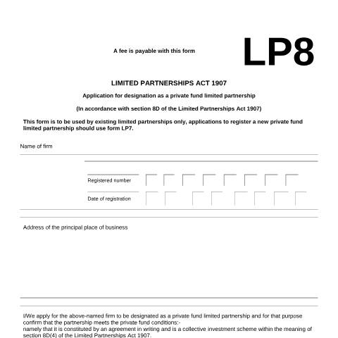 Document preview: Apply for designation as a private fund limited partnership (LP8) — Companies House, United Kingdom