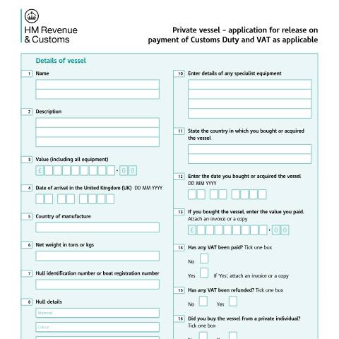 Document preview: Apply for release of a private vessel on payment of Customs Duty and VAT — HM Revenue & Customs, United Kingdom