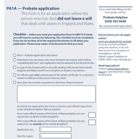 Document preview: Apply for probate by post if there is not a will: Form PA1A — HM Courts & Tribunals Service, United Kingdom