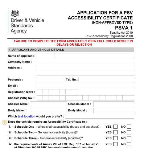 Document preview: Apply for a public service vehicle (PSV) accessibility certificate — Driver and Vehicle Standards Agency, United Kingdom