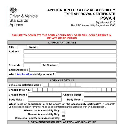 Document preview: Apply for a public service vehicle (PSV) accessibility type approval certificate — Driver and Vehicle Standards Agency, United Kingdom