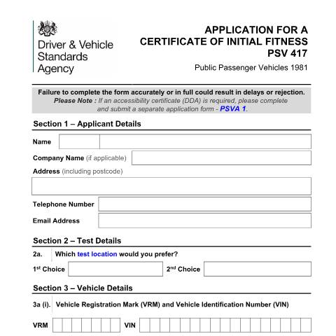 Document preview: Apply for a PSV certificate of initial fitness (COIF) — Driver and Vehicle Standards Agency, United Kingdom