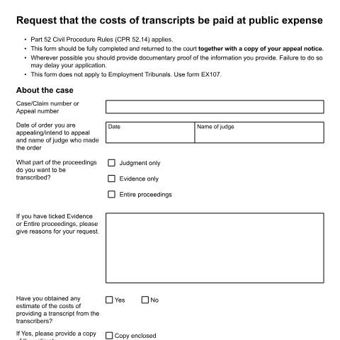 Document preview: Apply for help with court transcript costs: Form EX105 — HM Courts & Tribunals Service, United Kingdom