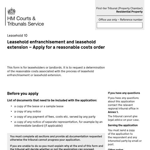 Document preview: Apply for a reasonable costs order: Form Leasehold 10 — HM Courts & Tribunals Service, United Kingdom