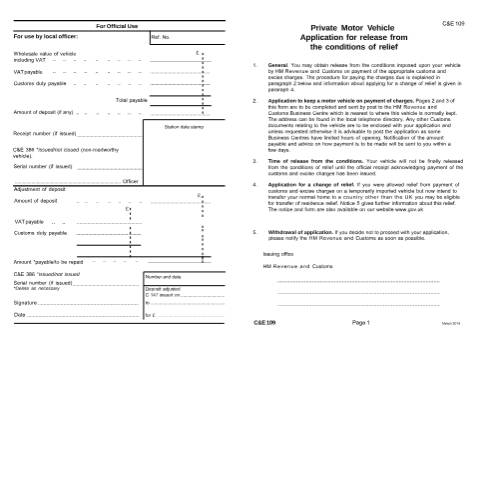 Document preview: Apply for release from conditions of relief on private motor vehicle (C&E109) — HM Revenue & Customs, United Kingdom
