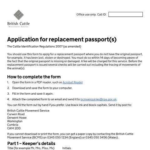 Document preview: Apply for a replacement cattle passport — British Cattle Movement Service, Rural Payments Agency, United Kingdom