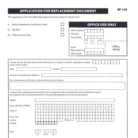 Document preview: Application for Replacement Documents — Department of Transport, Ireland